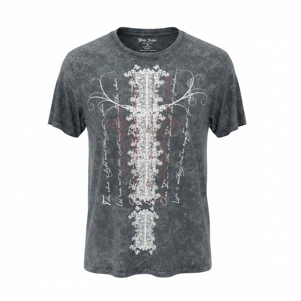 Pop‎ Icon Acid Wash Cross Graphic Tee Women Medium Gray Y2K Raw Edge Seams